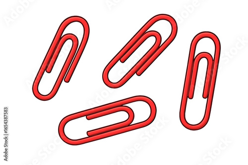 Red paper clips vector set. Office supply and stationery for school or business. Paperwork organization tool. Simple document holder or fastener. Cartoon illustration isolated.