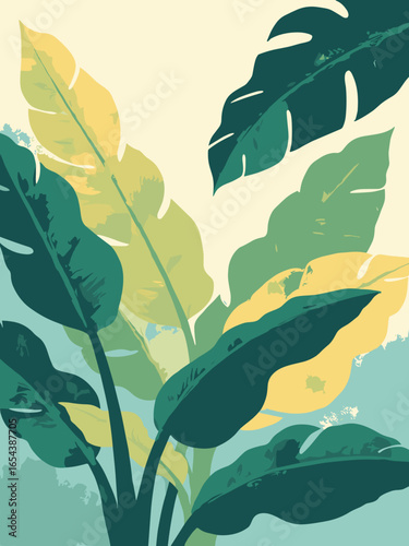 Tropical monstera and banana leaves, palette: leaf green, teal, cream, sunlight yellow