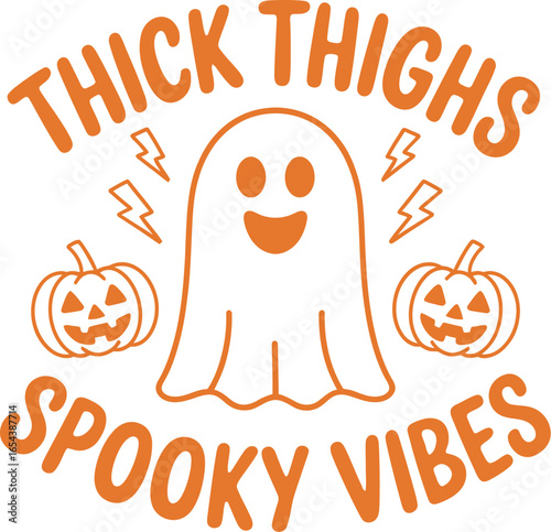 Orange halloween themed graphic with ghost pumpkins lightning bolts and text thick thighs spooky vibes