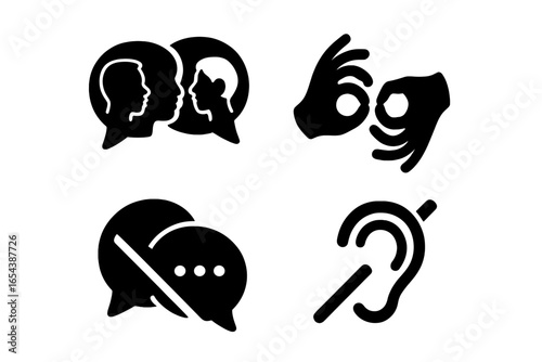 Inclusive Communication Icons Vector Set. Solid Filled Icons for Diverse Speech Bubbles, Sign Language, Nonverbal Dialogue, Hearing Impaired, Disability Accessibility, ADA Symbol Collection