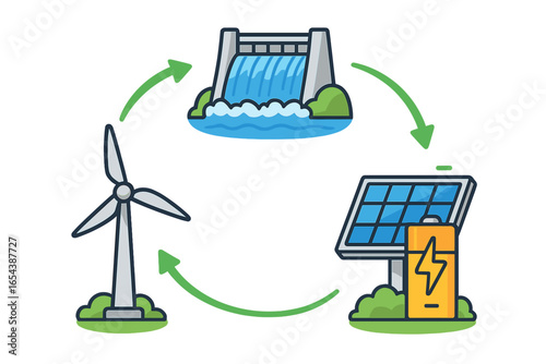 Renewable energy cycle concept. Interconnected sustainable system with wind turbine, hydroelectric dam, and solar panel battery storage. Green energy vector cartoon illustration.