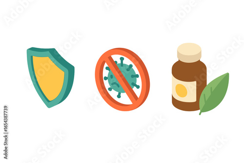Isometric immunity support icons collection, vitamin supplement bottle, protective shield, germ prevention symbol, herbal extract, health booster, flat vector illustration for wellness concepts