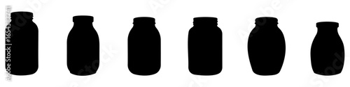 Set of black silhouettes of glass bottles or jars in various shapes. Vector illustration.