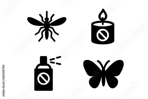 Solid vector icon set for insect season. Mosquito, butterfly, insect repellent spray, citronella candle, pest control, mosquito prevention, bug protection, filled clipart for summer outdoors.