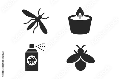 Solid filled insect season icon set featuring mosquito, citronella candle, bug spray, butterfly, firefly vector illustrations on transparent background for nature and pest control designs