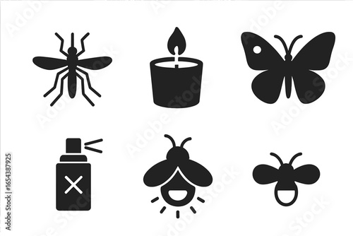 Solid Vector Icon Set of Insect Season Essentials with Mosquito, Citronella Candle, Bug Spray, Butterfly, Firefly, Bee. Summer Pest Control and Prevention Elements. Nature Wildlife Symbols