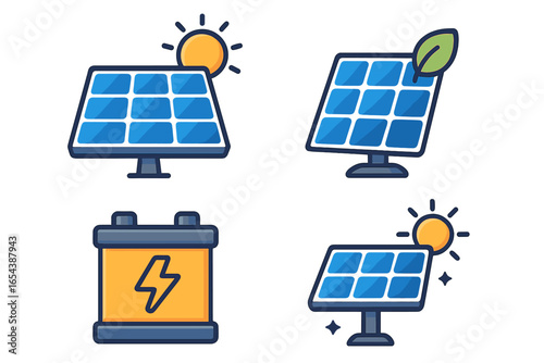 Solar energy vector icons set. Cartoon illustration of photovoltaic panels, renewable power solutions, green technology, energy storage battery, sustainable electricity, eco-friendly concept