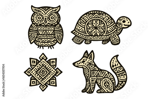 Tribal animal and geometric vector set. Detailed ethnic owl, turtle, fox symbols and ornamental mandala, boho folk Aztec, Native American, decorative hand drawn black and white tattoo illustration.