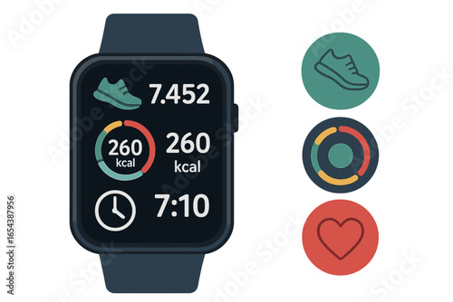Modern Smartwatch Vector Illustration with Fitness Tracking, Health Monitoring, Step Counter, Calorie Burn, Heart Rate, Activity Rings, Time Display, Wearable Technology Concept for Healthy Lifestyle