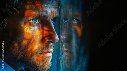 Man's soulful blue eyes and face, bathed in warm, patterned light, mirrored in cool, abstract, and streaked glass surface, symbolizing introspection and duality.