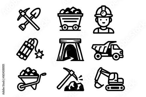 Mining industry vector icon set. Mineral extraction equipment, mine tools, miner, dump truck, dynamite, wheelbarrow, pickaxe, excavator, cave entrance. Cartoon black outline illustrations isolated.