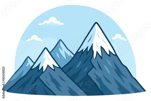 Majestic snow-capped mountain peaks in serene landscape, clear blue sky, outdoor adventure concept, natural wilderness beauty, vector cartoon illustration, hiking travel scenery transparent