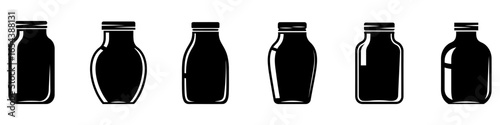 Set of black silhouettes of glass bottles or jars in various shapes. Vector illustration.