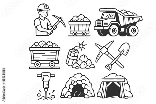 Mining industry vector icon set. Cartoon illustrations of miner, mining tools, equipment, mine entrance, truck, explosives, tunnel, rocks, minerals. Coal, gold, stone extraction process concept.