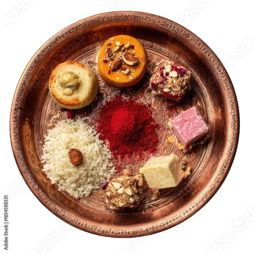 Round copper plate filled with colorful Indian sweets and rice