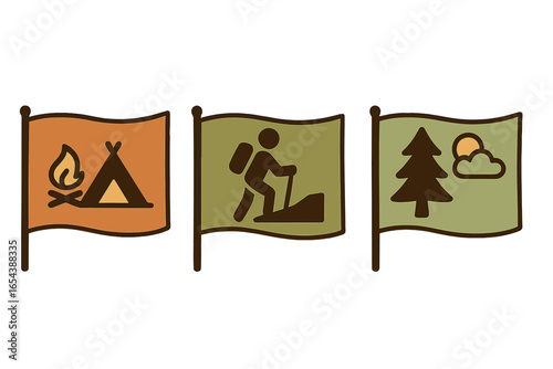 Camping hiking nature outdoor activity vector icons on flags, fire tent trekker landscape forest tree cloud travel adventure tourism leisure simple design illustration isolated transparency