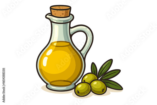 Olive oil bottle and fresh green olives vector, glass vessel with golden oil, cooking ingredient illustration, healthy Mediterranean food concept, cartoon transparent background, isolated elements.