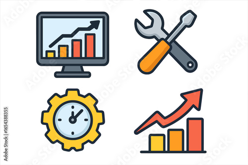 Wallpaper Mural Digital workspace vector illustration featuring technology symbols, tools, cogwheel clock for productivity, and growth chart icons. Business performance, progress, efficiency, workflow optimization. Torontodigital.ca