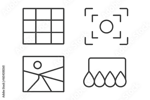 Visual Composition Outline Icon Set. Rule of Thirds Grid, Focal Point, Leading Lines, Color Palette, Minimal Linear Vector Illustration. Photography and Design Concepts, Transparent Background