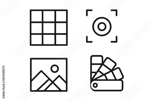 Outline icon set vector for visual composition, photography rule of thirds grid, focal point, leading lines, color palette swatch, minimalist image editing design isolated on transparent background