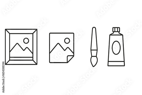 Outline vector icon set of personalized photo frame, wooden frame, photo print, paintbrush, acrylic paint tube. Line art creative design for photography, art studio, crafts, scrapbooking, home decor