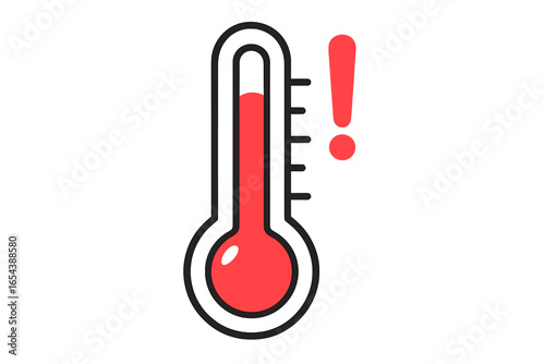 High temperature warning thermometer vector. Red liquid heat alert symbol, exclamation mark. Minimalist medical fever icon. Safety, emergency, climate change concept. Isolated cartoon illustration