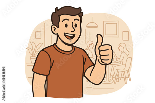 Thumbs up gesture expressing approval, positivity, success, agreement, and encouragement during a friendly casual social gathering in a modern indoor cafe setting. Vector cartoon illustration.