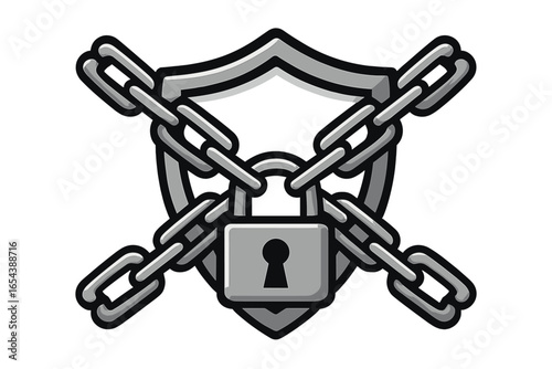 Security shield with padlock and crossed chains illustration. Safe protection concept. Strong safety metaphor. Cyber security. Data privacy. Lock symbol vector. Guard defense. Stock image.