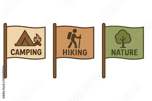 Outdoor adventure activity flag icons camping hiking nature. Vector illustration set, cartoon style. Camp tent, campfire, hiker, tree symbol. Simple design isolated, recreational travel, environment.