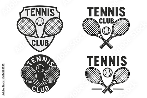 Tennis club emblem set vector, sleek monochrome sports design isolated. Crossed racquets and tennis ball logo template for club, coaching, championship, tournament, branding, badge, label, icon