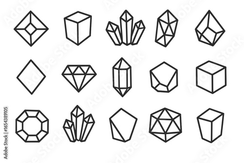 Geometric crystal shapes vector set. Outline black line abstract gemstones, diamonds, crystals, polygons, cubes, polyhedrons clipart. Minimalist mineral icon collection for trendy design inspiration
