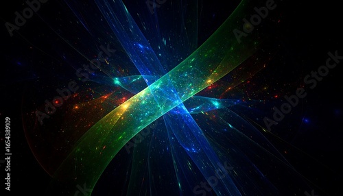 A vibrant, abstract design features luminous, translucent ribbons of color intersecting against a dark background.