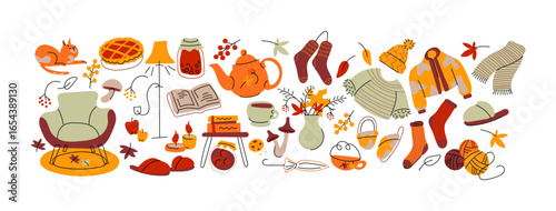 Cozy autumn hygge stickers set. Cartoon doodle style with sweater, tea, socks, candles, cat, pumpkin pie. Vector fall collection.