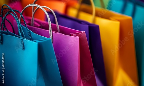 Vibrant shopping concept with colorful shopping bags scattered in a visually appealing arrangement. This symbolizes the excitement of a successful shopping spree, reflecting retail joy, Generative AI
