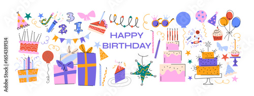 Birthday party cartoon set. Cute holiday stickers with cake, balloons, gifts, candles. Vector happy birthday collection.