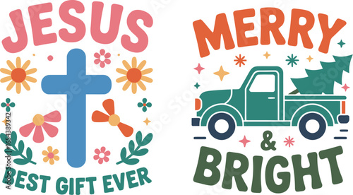 Two christmas themed designs with a cross flowers and a truck with a christmas tree graphic art