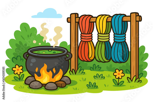 Witchcraft concept of dyeing yarn. Colorful wool skeins drying next to a witch's cauldron with boiling green potion over a campfire. Magic, handmade, hobby, textile craft.