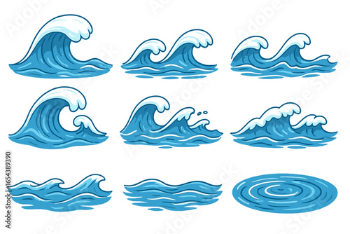 Vector Cartoon Ocean Wave Set. Dynamic Water Wave Icons. Surfing, Sea Storm, Calm Ripples, Splash Effect. Blue White Crest Flow. Abstract Coastal Fluid Motions. Transparent Background Design Elements