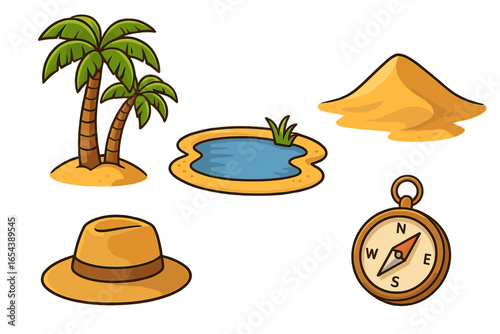 Desert adventure icon set with palm trees, oasis water hole, sand dune, explorer hat, and compass. Vector cartoon illustration for travel, safari, and exploration concepts.