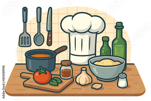 Kitchen counter with cooking ingredients for a recipe. Chef hat, utensils, pot of soup, tomato, garlic, basil. Food preparation, gastronomy concept. Vector illustration.
