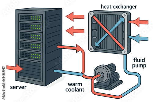 Server liquid cooling system diagram. Vector illustration of data center thermal management with heat exchanger, pump, and coolant flow. IT infrastructure technology concept.