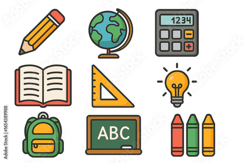 Education icon set. Back to school concept with learning tools. Cartoon vector illustration of pencil, globe, book, calculator, backpack, chalkboard, crayons, ruler and lightbulb.