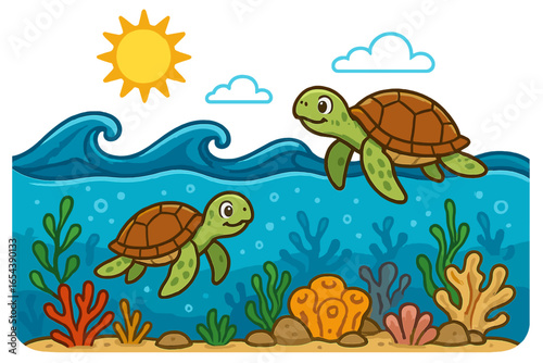Two cute cartoon turtles swimming underwater in the ocean. Sea life scene with coral reef, waves, and sun. Vector illustration for children. Marine animal character design.