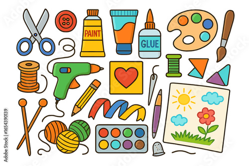 Art supplies vector set, colorful illustration for creative hobbies, crafting tools, painting, sewing, knitting, and school activities for children, isolated on white.