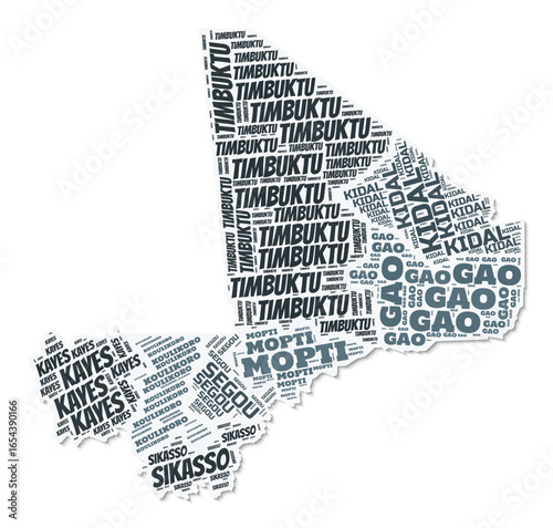 Mali shape text cloud. Country border with shadow on white background. Mali with regions division in vintage gazette style. Trending vector illustration.