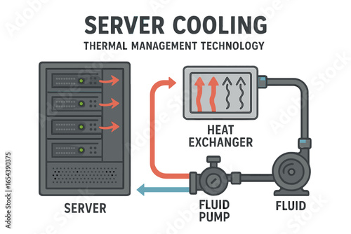 Detailed diagram of a server cooling system with a heat exchanger and fluid pump. Vector illustration of thermal management technology and liquid cooling for datacenter hardware.