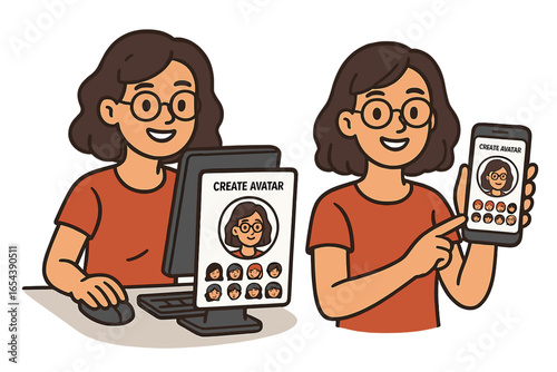 Woman creating digital avatar on computer and mobile phone. Character generator for social media profile picture. Online identity customization. User interface concept vector set.