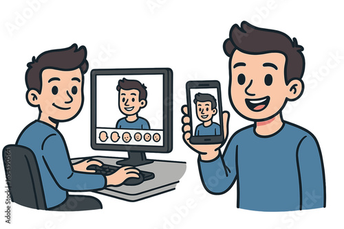 Man creating digital avatar on computer for social media profile. Customizing character with different emotions. User holding phone with new virtual identity for online sharing.