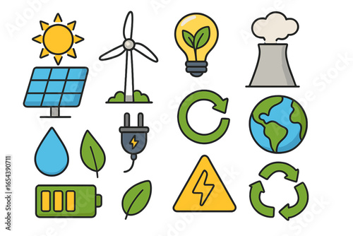 Energy sources icon set. Sustainability and ecology concepts. Renewable resources symbols like solar panel, wind turbine. Green power, recycling, environment signs vector.