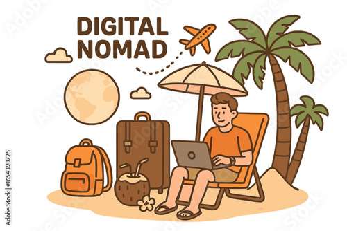 Digital nomad lifestyle concept. Man working on laptop at tropical beach. Freelancer with computer. Remote job, travel and work. Freelance career. Downshifting escape.